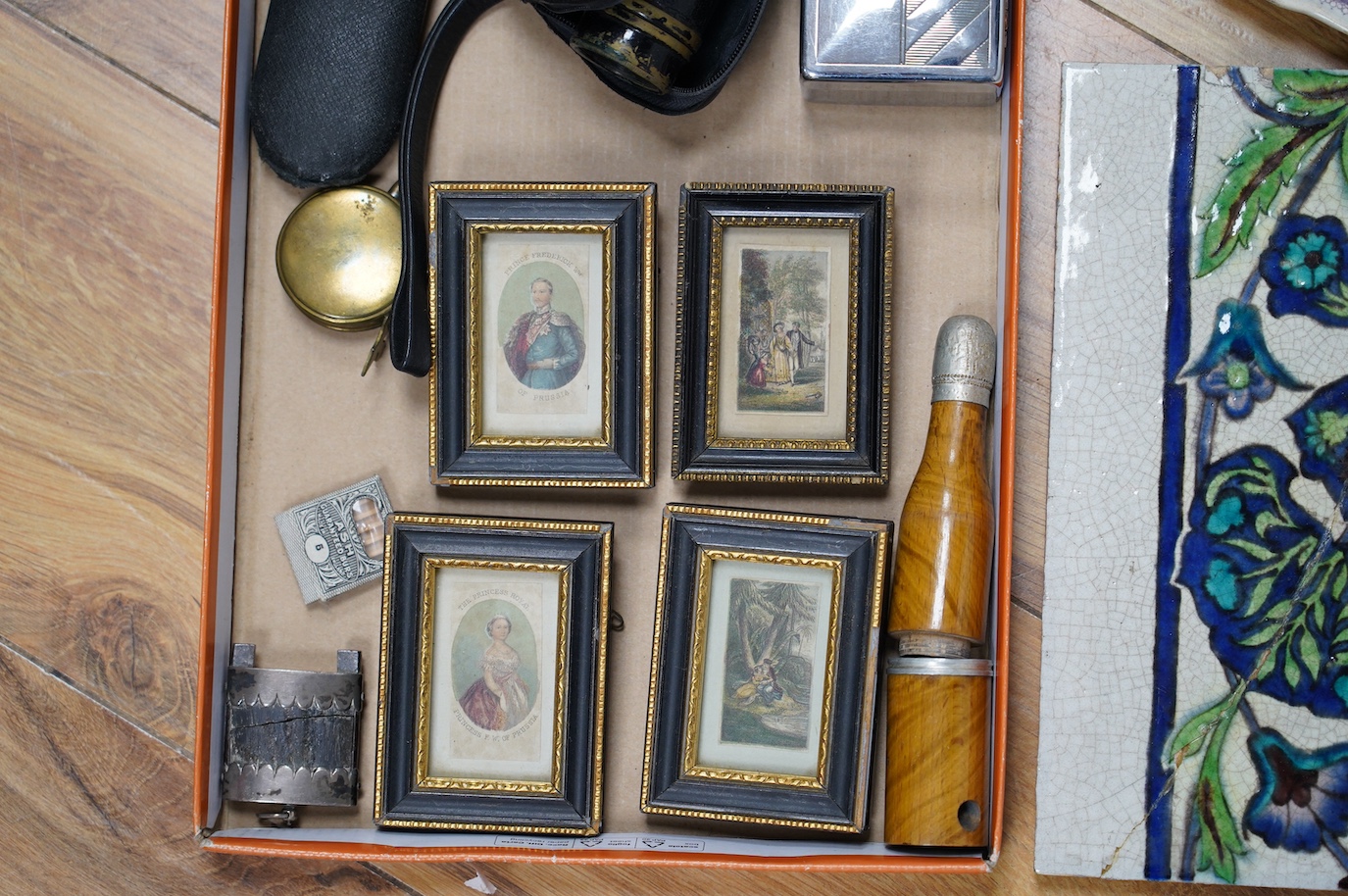 A monocular 19th, 20th century specials, tile and large Swiss Alps box and mixed collectables, box 19cm wide. Condition - poor to fair